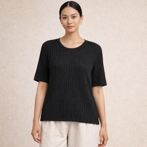 Vintage Talbots Black Silk Cable Knit Top Size L Short Sleeve Classic Minimalist